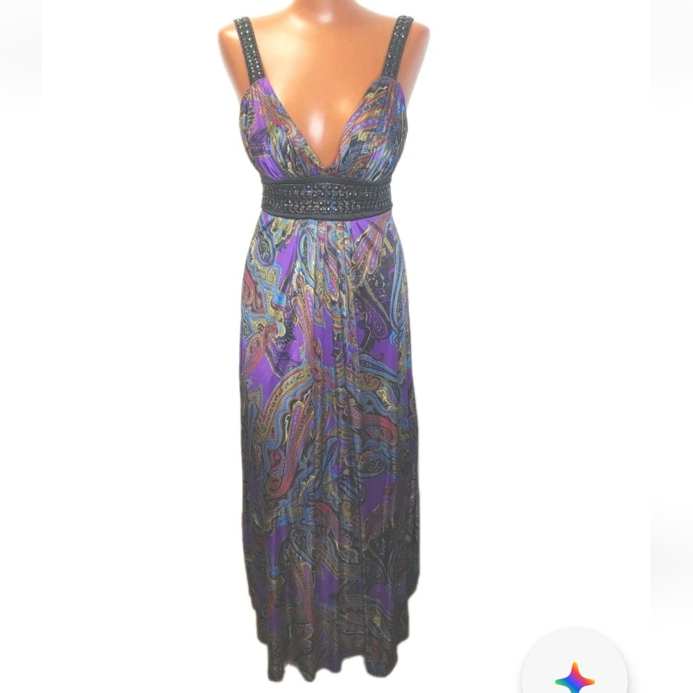 Vtg Y2k Xoxo Babydoll Maxi Long Dress Woman Small Beaded Straps Purple Pailsey